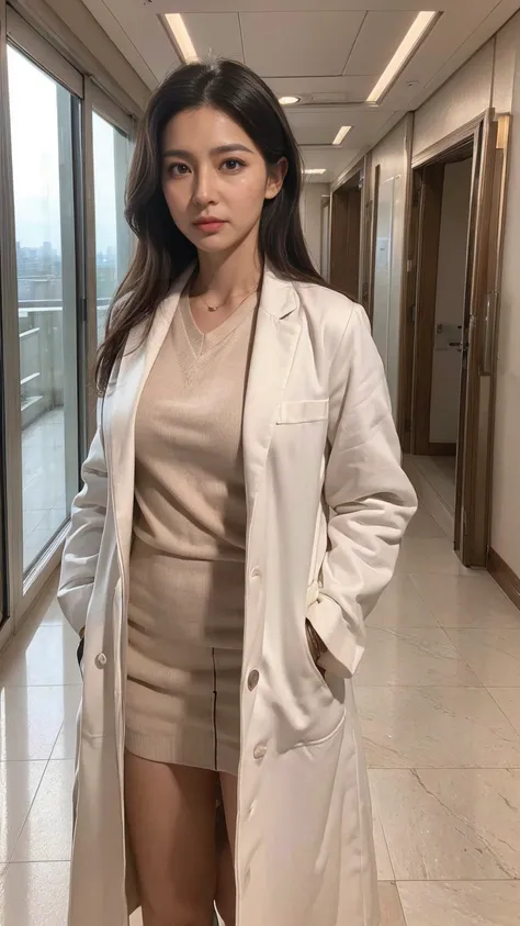 ((highest quality)), ((8K)), ((masterpiece: 1.3)), (perfect appearance), (photorealism: 1.6), (Standing figure of a female doctor), perfect anatomy, ((Age 65)), ((white coat)), ((calm expression)), ((hospital lobby)),