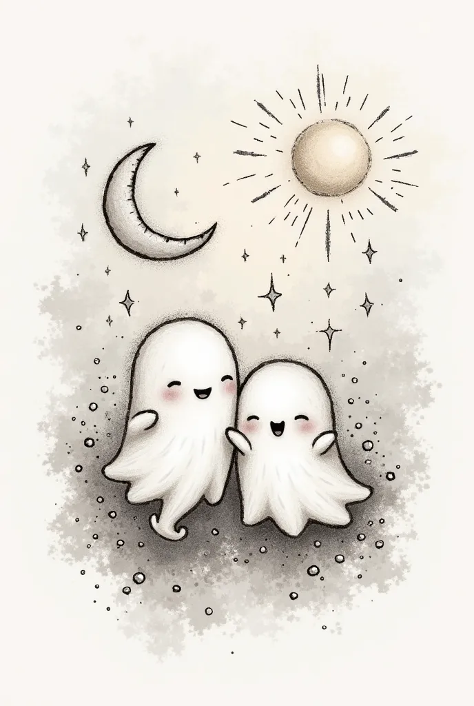 A tattoo for BFF with one ghost plus the moon and the other ghost plus sunny, all while being a bit funny but not ish.