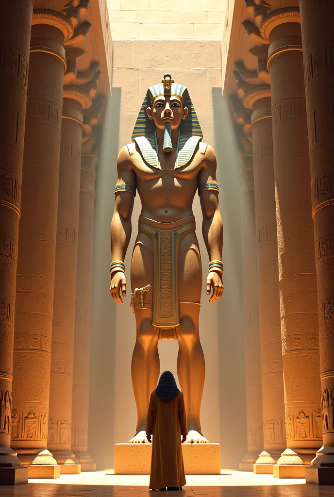 An Egyptian pharaoh worshiping a statue of the Egyptian god 