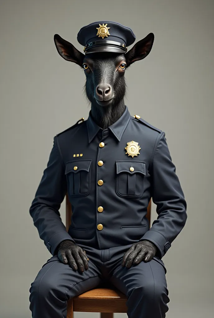 Black goat dressed as a police, Realistic image image on a chair 