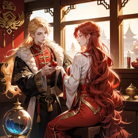 A dignified queen with wavy red hair sits on a chair in an ancient Chinese-style castle. Her back is straight and she holds a mysterious crystal ball in her hand.
Behind her stands a beautiful man with long blond hair and a cold look, combing the queen's h...