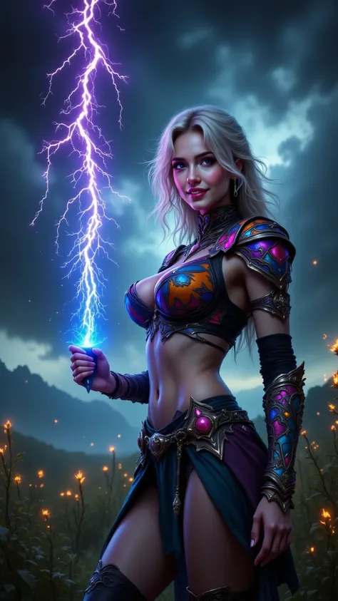 (((A woman with big breasts and a slim body),(A colorful and patterned armor),(with a smile))),Holding a pillar of lightning with his hand, Holding a pillar of fire with your hands, In a nice pose , The nature where tornadoes occur,Photographic-level detai...