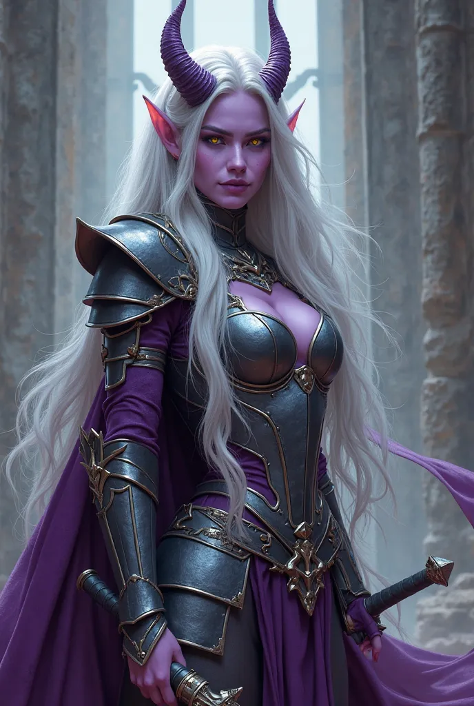  young, Demon Warrior Queen,  21 years old, Long silver hair, soft purple skin, short horns, pointed ears, bright yellow eyes, sexy tight armor, sword in hand,  of foot, imposing aura, slender body, wide hips, full view.