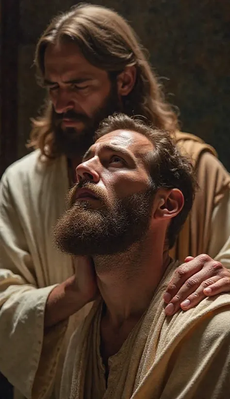 Create an image of a praying man, with an expression of pain and tears in his eyes, looking up. Behind him, Jesus Christ appears , placing a soft hand on the man's shoulder, as if comforting him and saying 'I AM HERE'. The scene should convey a strong sens...