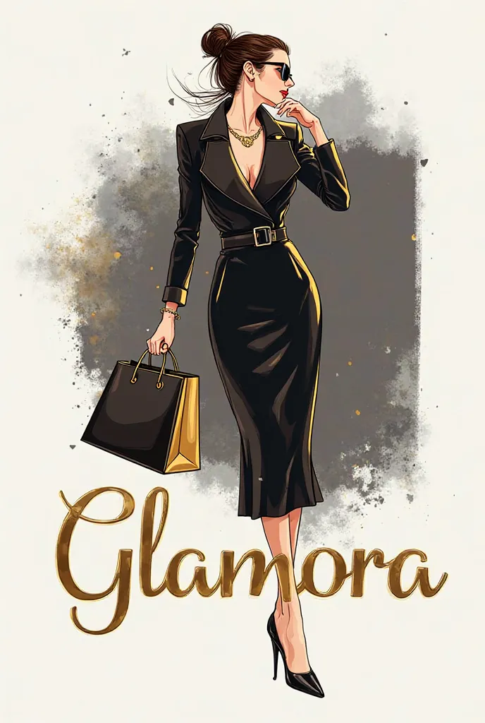 Create a logo with name "Glamora". It should be of black and gold with drawing of a lady holding a shopping bag
