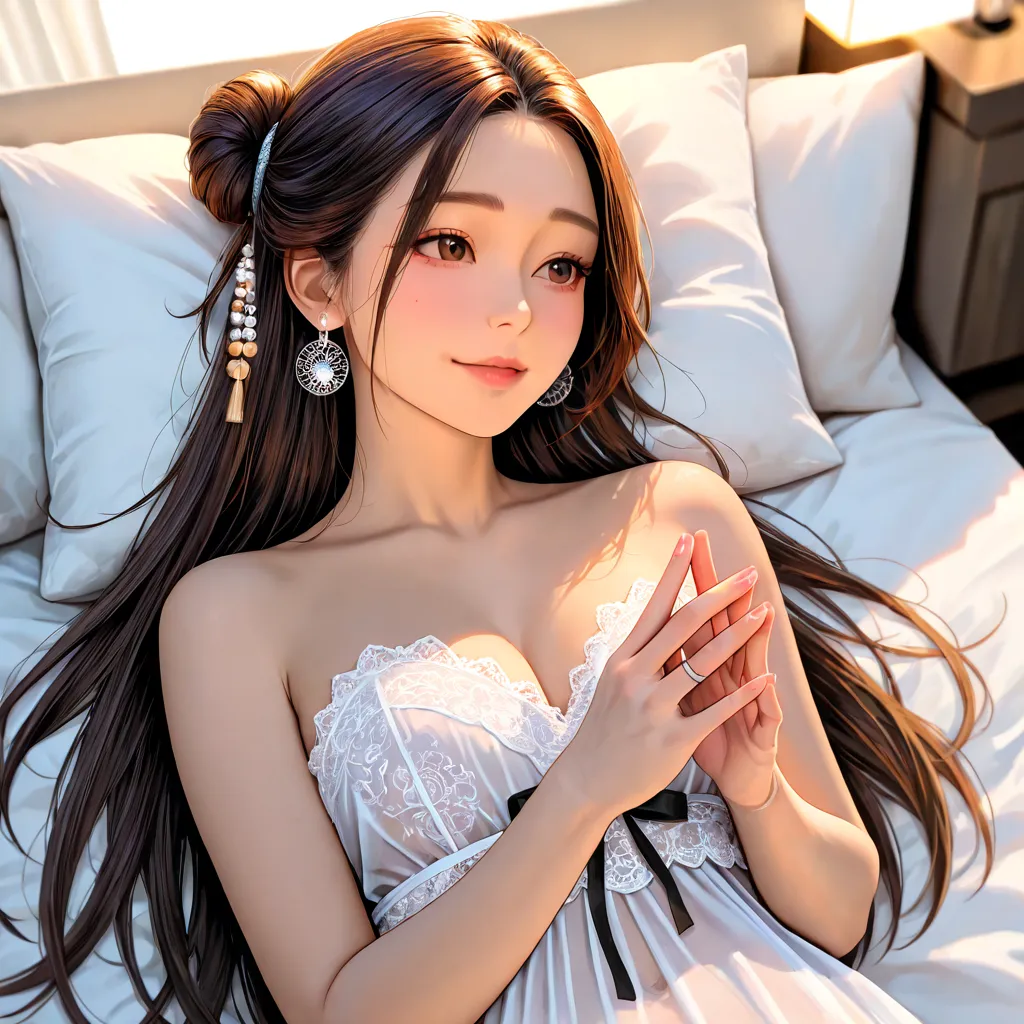 A realistic and detailed photo of a 20-year-old Thai woman, brown straight long hair tie in a bun , wearing silver short strapless nightgown, She lie flat on your back with your head resting on a pillow on bed in bedroom and look at the right angle, She pu...