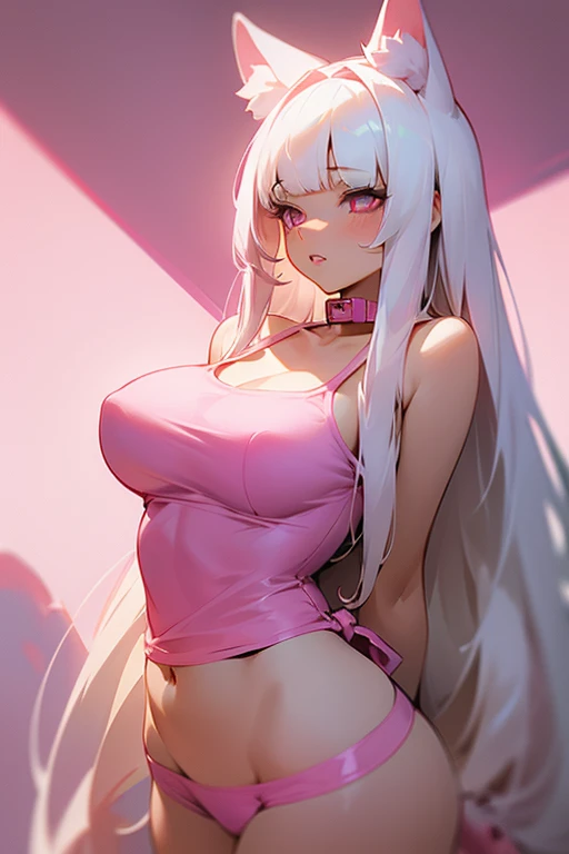 1 girl, long white hair, blunt bangs, light pink eyes, big breasts, Perfect body slim curves, thick lips, open lips, soft aesthetic, Shy, Sensual, Wearing a pink camisole, Wearing pink shorts, Pink and white dog ears, pink dog tail, pink collar, out of tow...