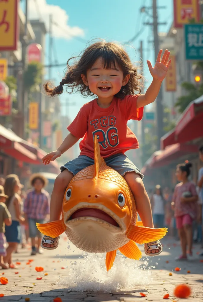 a beautiful young girl wearing a red TCB R6 shirt rides on the fish in the street around people congratulating