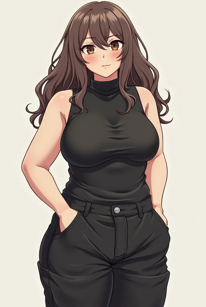 A brown medium long wavy hair with silver side strands,fair skin, brown hooded eyes, a round face,a low bridge nose, medium narrow lips , slightly overweight wearing a black sleeveless turtleneck and black baggy jeans and sneakers , jujutsu kaisen anime ar...