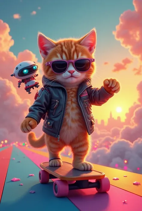 "A funky, sunglasses-wearing cat with a leather jacket and a tiny jetpack on its back. The cat is skateboarding on a rainbow-colored road in the sky, striking a confident pose. It has a mischievous grin, and a small robot sidekick is hovering next to it, c...