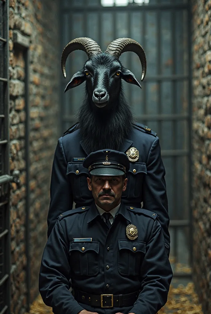 Black goat dressed as a police, in a jail sitting on the back of another policeman realistic image 