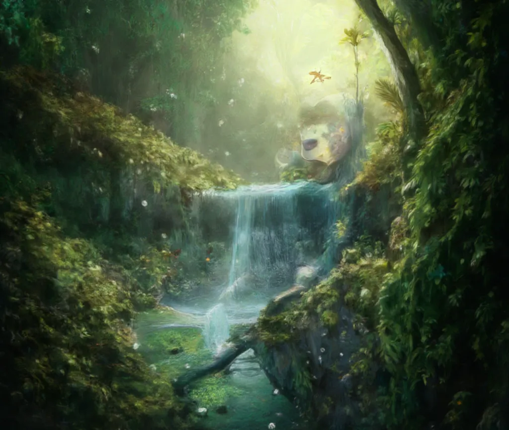 create a fairy, in a dense and verdant forest, with rich details, ultra realistic, 8k, waterfall +  birds +  campos verdes  