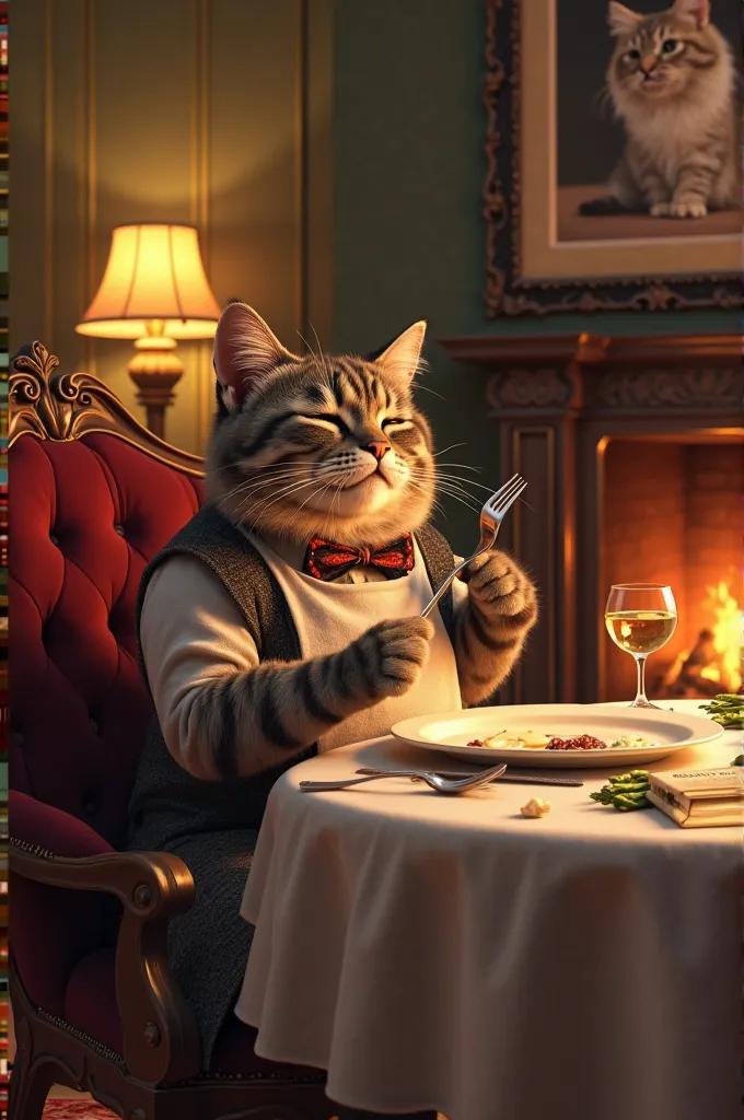 Whiskers lounges at a candlelit dining table, vest unbuttoned, apron discarded. He holds a claw-tipped fork over an empty plate with sauce smudges. A wine glass (filled with catnip tea) and a cookbook titled "Cuisine for the Feline Connoisseur" sit nearby....