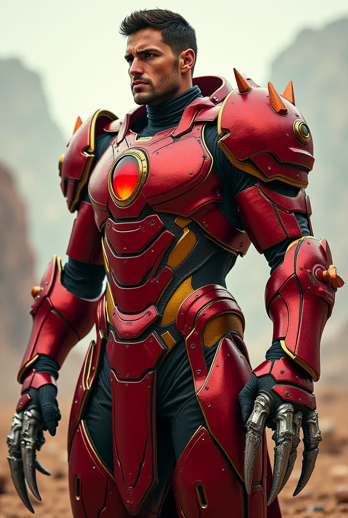 man,  red armor with golden touches , crimson red crystal eye on the chest, giant metal claw on the right hand