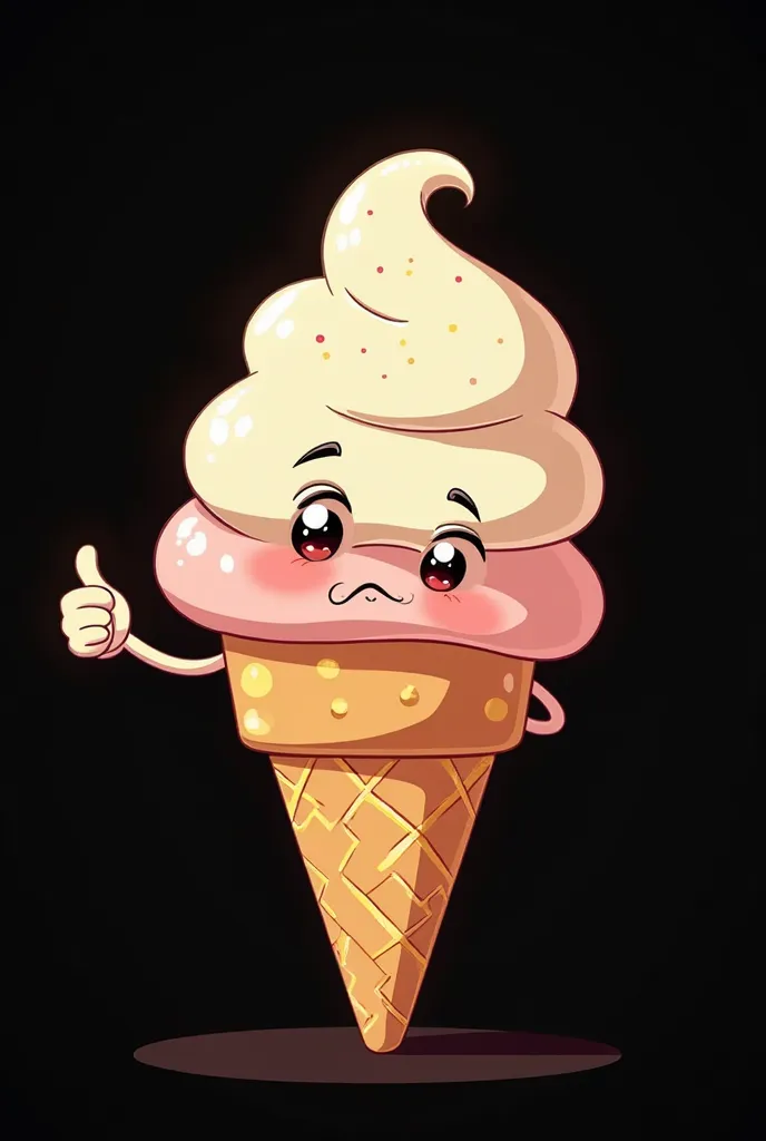 A retro-style animation of a character with the image of ice cream cone with a calm face in a pose with the thumb of like. The ice cream character has a linear shadow and is on a black background. The illustration has a very minimalist combination, with ve...