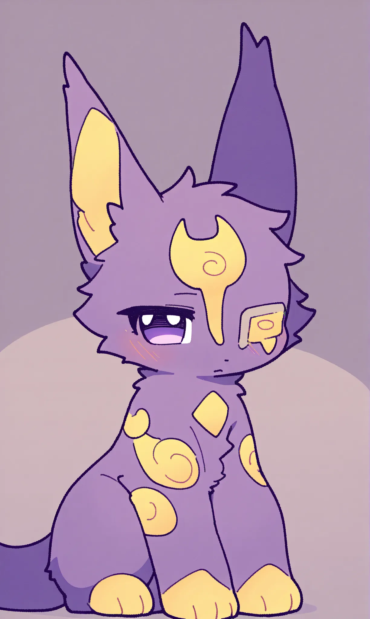 High resolution. Best quality. Best drawing. Masterpiece. ( Animal. Kemono. Looks like a dog and a cat. Slightly big ears.  small lines Gold decorations on the body. Blind fur. Medium size.His color Yellow-purple. Cute shape.Soft, blind tail. Does not talk...