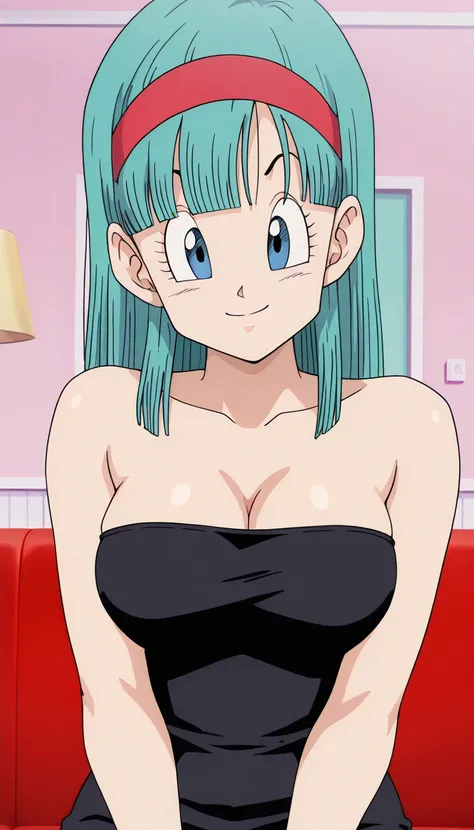 anime screencap, masterpiece, best quality, amazing quality, very aesthetic, absurdres, newest, bulma, namek saga, official style, blue eyes, blunt bangs, aqua hair, collarbone, cleavage, upper body, looking at viewer, bare shoulders, smile, half eyes clos...