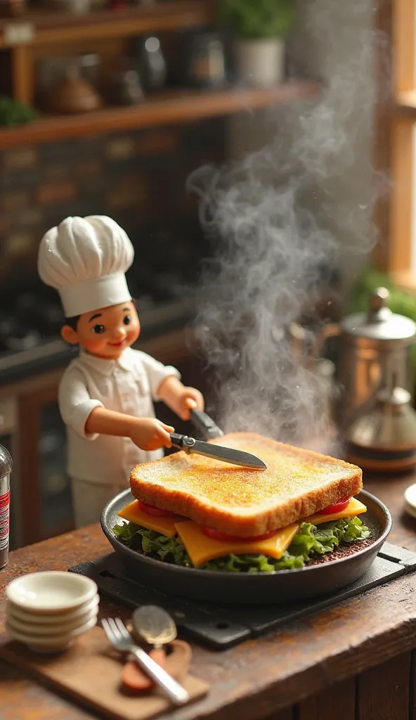 Miniature Chef Grilling a Giant Sandwich 🥪
"A tiny chef is grilling a giant sandwich in a miniature kitchen. The sandwich sizzles on the pan, and steam rises from the grilled cheese. Tiny tools such as a mini knife, plates, and a small cutting board are sc...