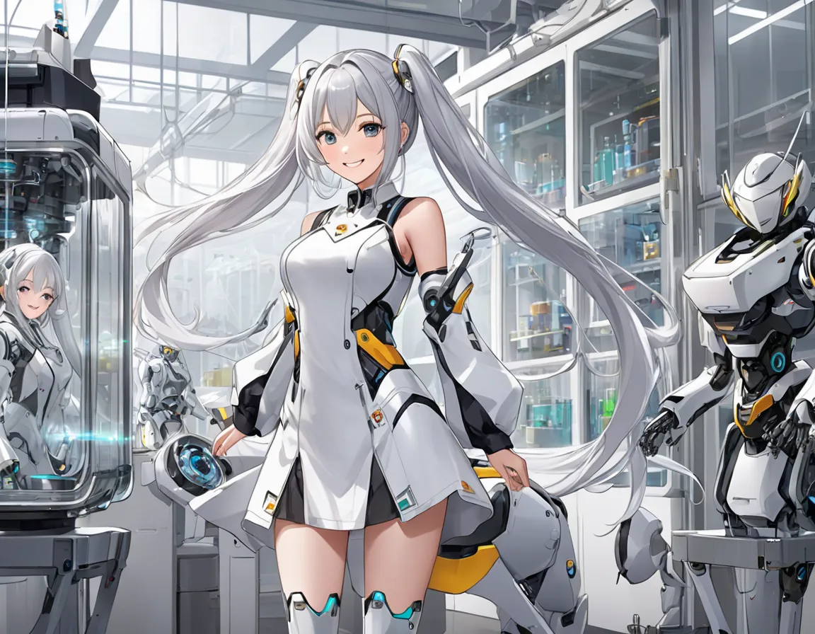 Long silver hair 、Beautiful Girl with Beautiful Twin Tails、white research clothes、Robot production in progress、A big robot is standing、smile、glass-walled laboratory、Robots are running、Splash Art