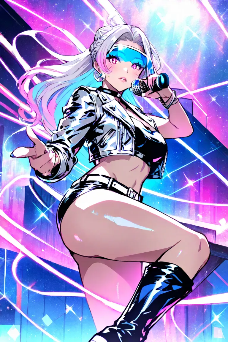 Design and Clothing

Vega is a Eurobeat diva with a look that combines 80s glamor with the futurism of nightclubs. Her main outfit is a shiny body in neon colors (blue,  pink and purple ) with details of stars and moving LED lights. on, she wears a short s...