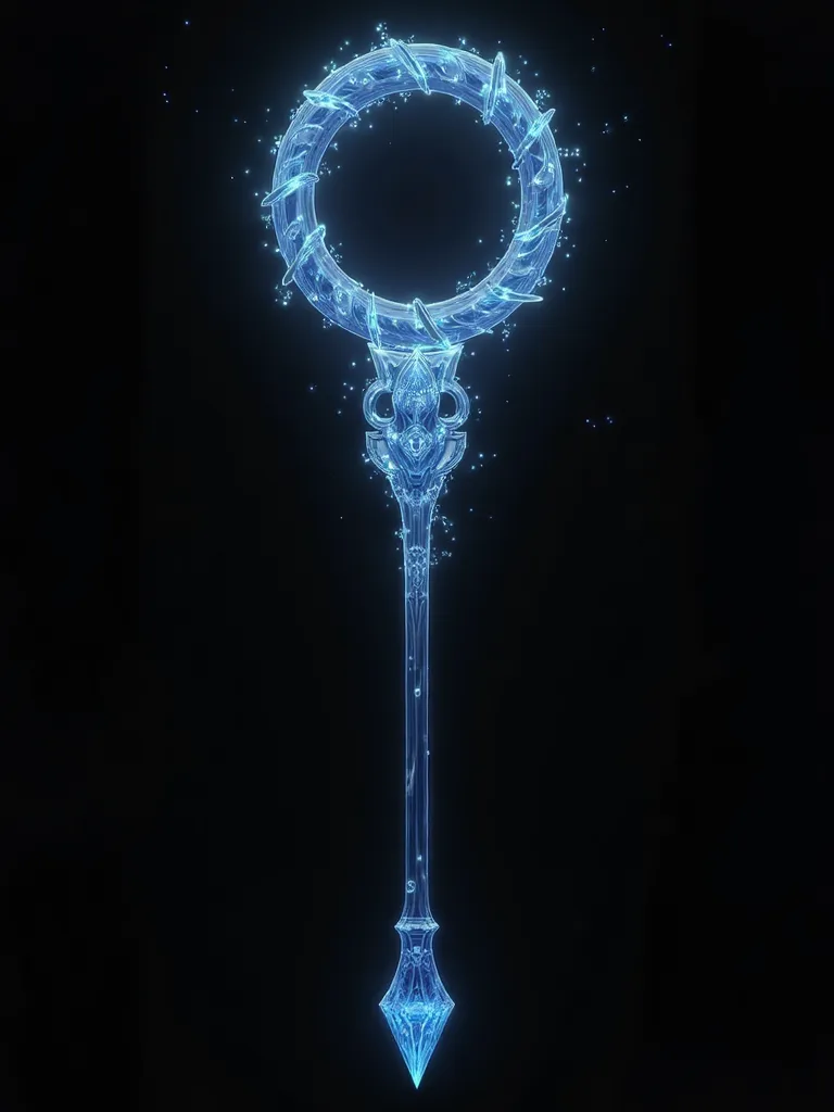 BLACK BACKGROUND. Create a translucent magic staff, inspirado em Kingdom Hearts. I want you to send something that opens portals and is typical of the world of I wanted the staff to have a handle and the tip with decorative spirals, And the Roman clock was...