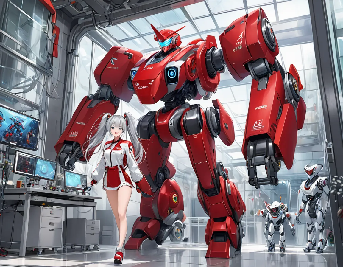 Long silver hair 、Beautiful Girl with Beautiful Twin Tails、Red research suit、Robot production in progress、A big robot is standing、smile、glass-walled laboratory、Robots are running、Splash Art