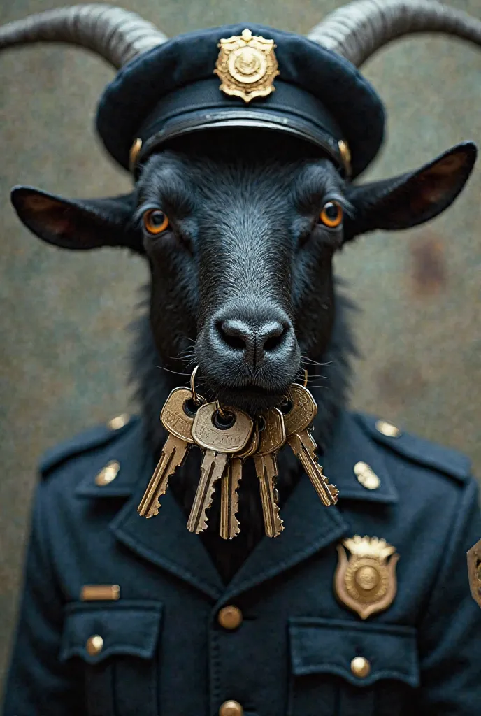 Black goat dressed as a cop biting several Keys, Realistic image 