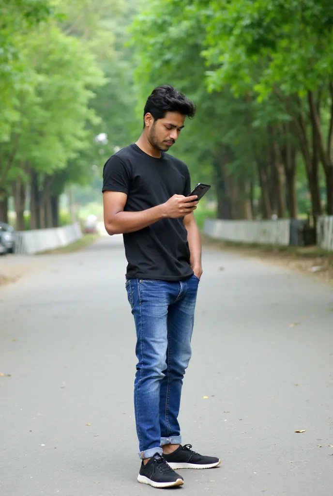 The image features a young man standing on a paved road, looking at his smartphone. He is dressed in a black t-shirt, blue jeans, and black sneakers. His posture is relaxed, with one hand in his pocket and the other holding the phone. The background includ...