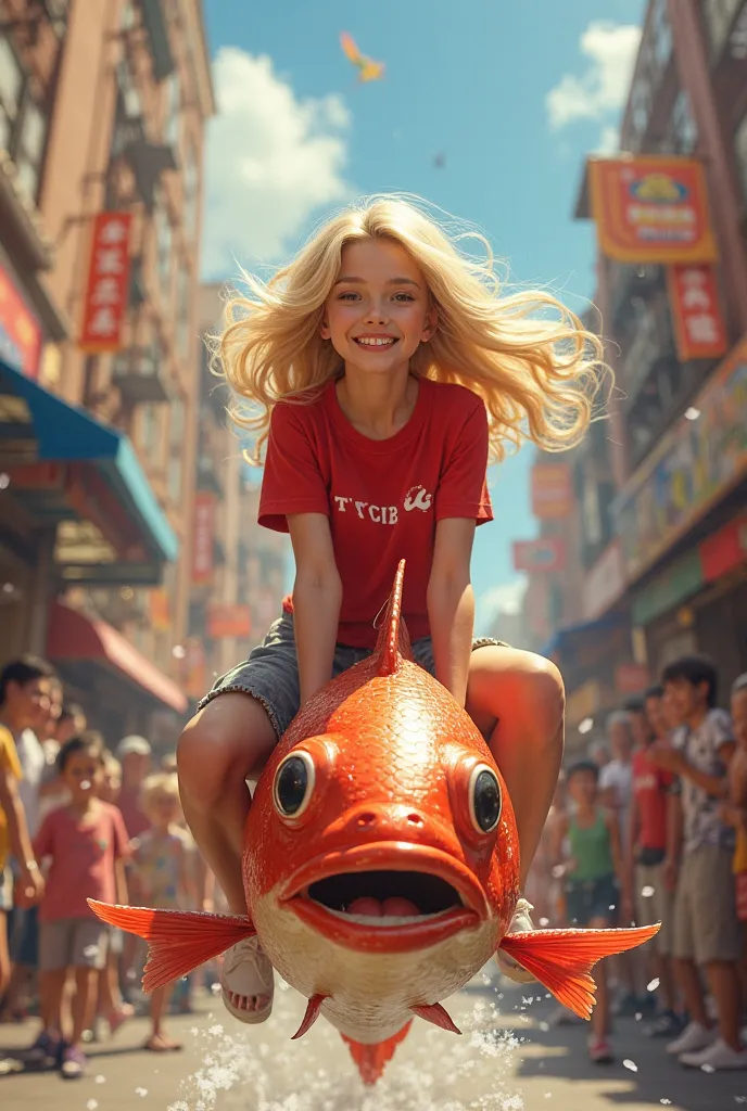 a beautiful young blonde,  Beautiful dressed in red TCB R6 shirt riding on fish in the street around people congratulating