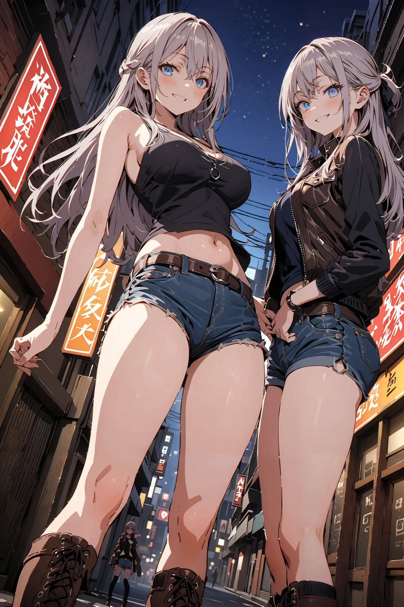 score_9, score_8_up, score_7_up,  source_anime, Alisa Mikhailovna Kujo, long hair, bungs, blue eyes,stupid hair, Gray Hair,half updo,Big Breasts,riders jacket, BLACK TANK TOP,underboom,belly button sticking,denim micro shorts,Bare legs,boots,put your hands...