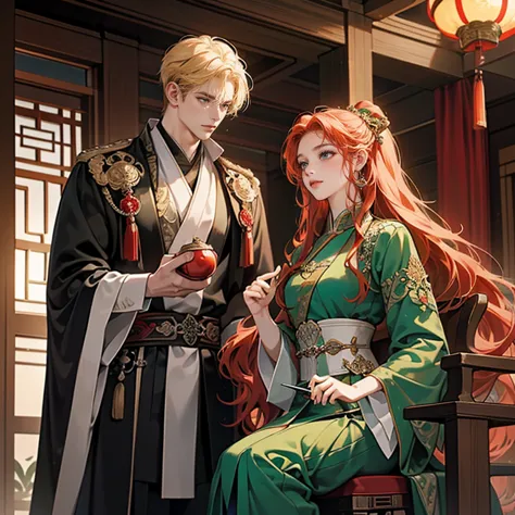 A dignified green-eyed queen with wavy red hair sits on a chair in an ancient Chinese-style castle. Her back is straight and she holds a mysterious crystal ball in her hand.
Behind her stands a beautiful man with long blond hair, combing the queen's hair w...