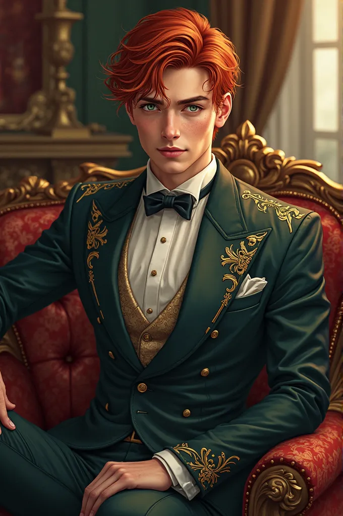 Create an image of a handsome young man with curly red hair, neatly styled, and vibrant green eyes. His fair skin is adorned with light freckles, and his well-groomed appearance exudes elegance. He wears a finely tailored suit in deep, rich colors with int...