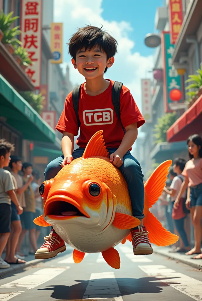 un adolescente asiatique,  Beautiful dressed in red TCB R6 shirt riding on fish in the street around people congratulating