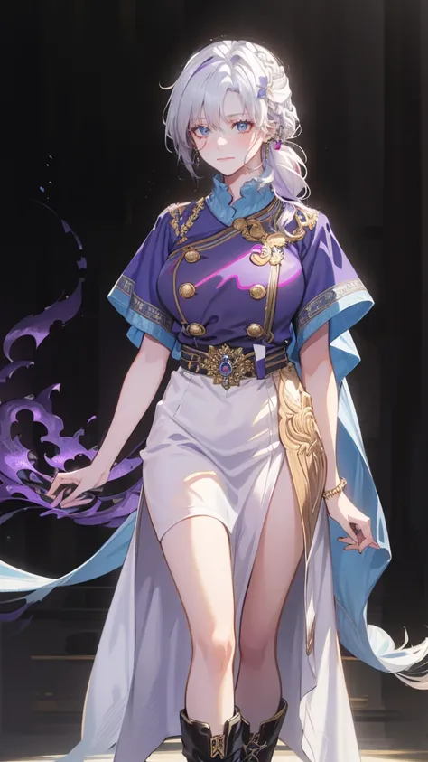 (Best Quality:1.3), (great performance:1.3), (illustration:1.3), (ultra-detailed:1.3), 1 girl, (((big-breasted))), ((((Purple Eyes))), ((( White hair))), hair straight between eyebrows, hair jewelrys,  tall, maturity,  long hair,  Vintage Thai Dress,Long w...