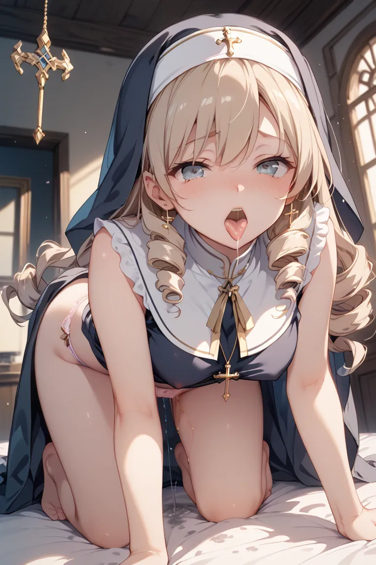  nun、brown twin drill hair、long hair caught in a hole、dark room、bed、on all fours、 is coming、、Love juice、is embarrassing、blush、panties、Inner thighs、Lower your posture、 stick out your tongue 、drool、 no panties、Pussy juice、Kamigami