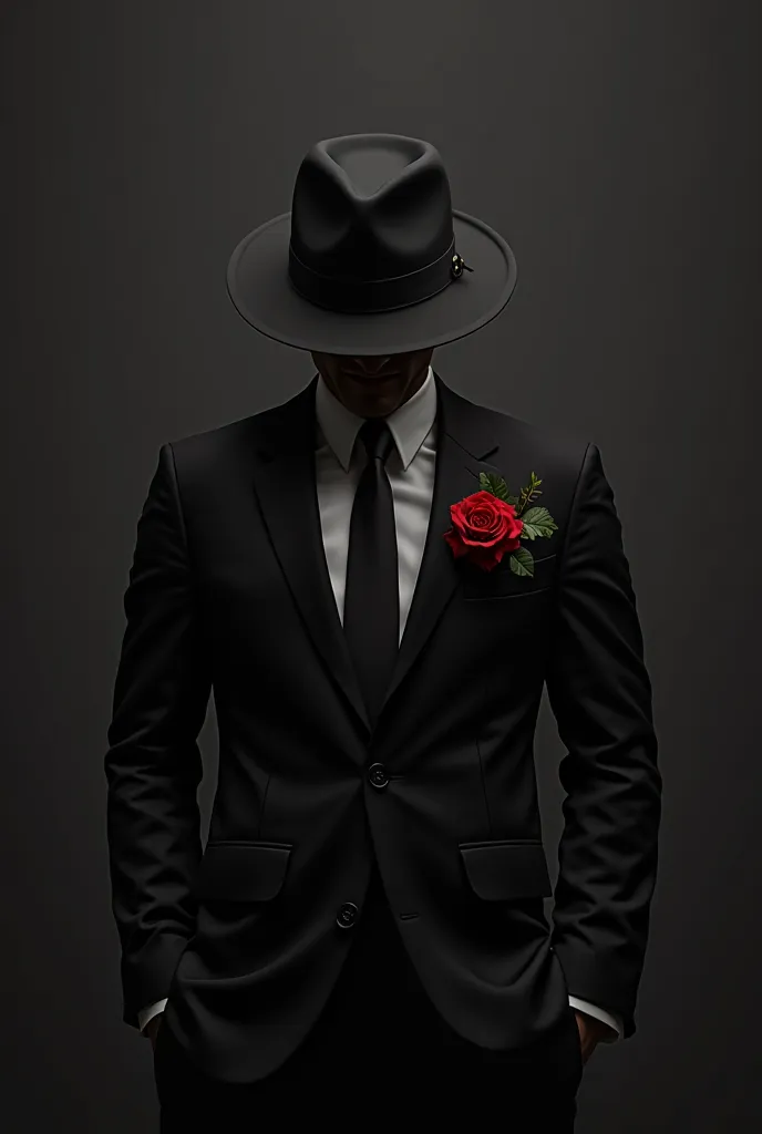 Man with black hat and black suit, his face is not visible the hat hides it and he has a red rose on the lapel of his black jacket with white tie and white shirt