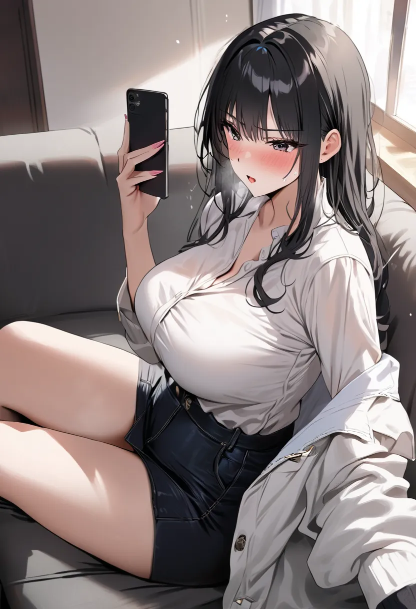 (( top quality)), (( masterpiece  )), ( details), ( 1 Anime Girl ),   sexy, (   black hair), Bust 9 ０CM big breasted married woman whose body trembles with pleasure ,   young woman, Dissatisfied expression sitting on the sofa and playing with a smartphone ...