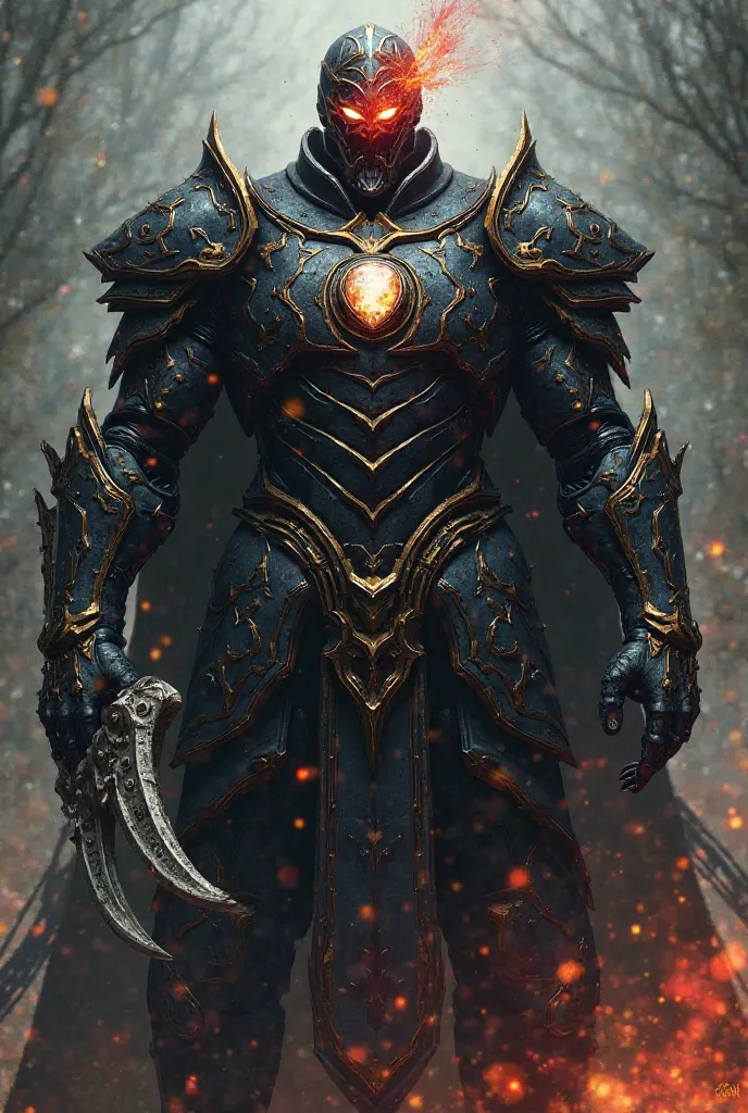 man, black armor with golden touches, crystal eye on the chest, Head illuminated with red, giant metal claw on the left arm 