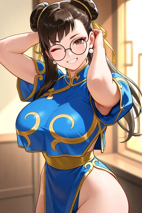 age girl, inviting, perfect breasts, with a ponytail,  tilted,   smiling, black round glasses, winking , In Chun Li's clothing, straight fringe and loose sideburns