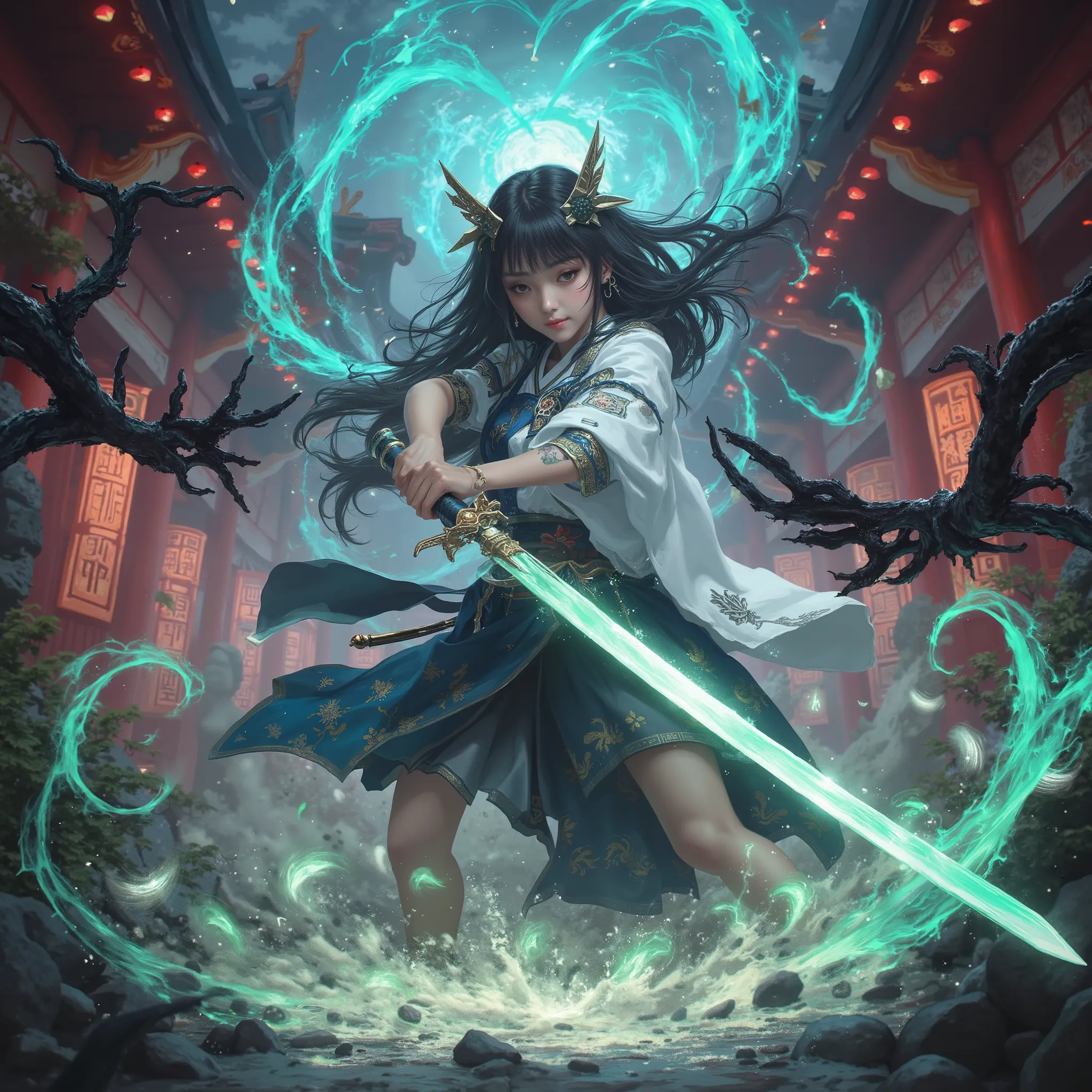 beautiful shoujo shrine maiden fighting demons, at the shrine, detailed portrait of a young female shrine maiden in traditional japanese clothing, with determined expression, brandishing a glowing sword and fiercely fighting off dark demonic entities in th...