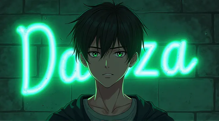 High quality image of anime boy with dark background infront of name "Dazza" in green neon color