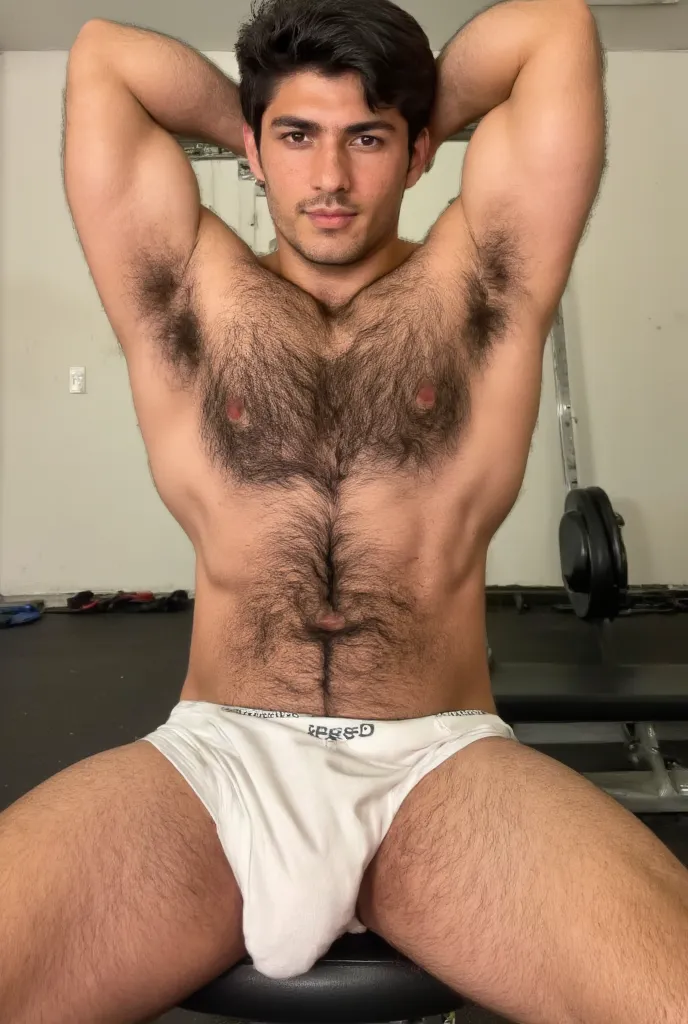 18-year-old Latino male with hairy muscles  (wide, rounded pectorals), arms behind two heads (velvety armpits)wearing white boxer shorts with an erect bump while sitting in the gym 