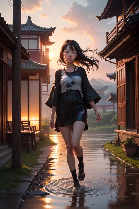 sfw, a girl, solo focus, to throw,  very wide flat , landscape, East Asian architecture, sunlight, sunrise, Floating, cloud, sky, rain,  Water, full body,  outdoor, landscape,  depth of field