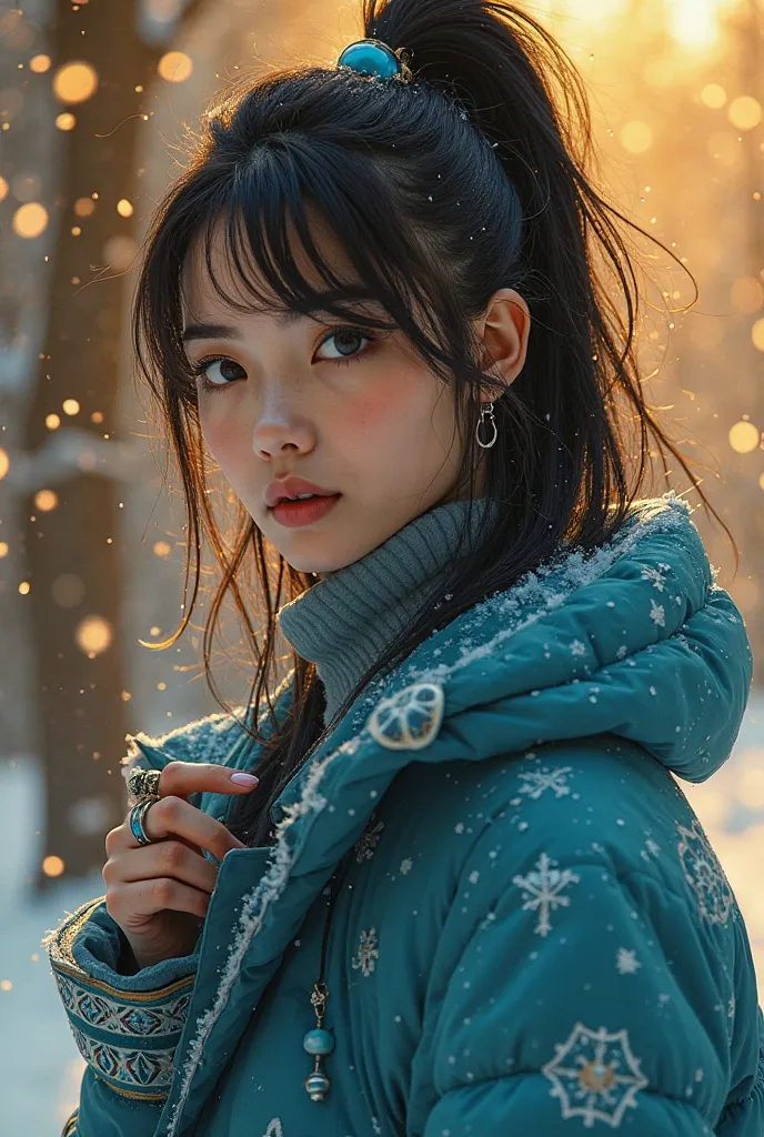 In a scene from the film, the impressive composition of Siena in proportion 1:1 shows the surprising characteristics of a beautiful Japanese girl in In the middle of a warm background of tones illuminated by HDR 1:4. Versace's luxurious winter jacket and v...