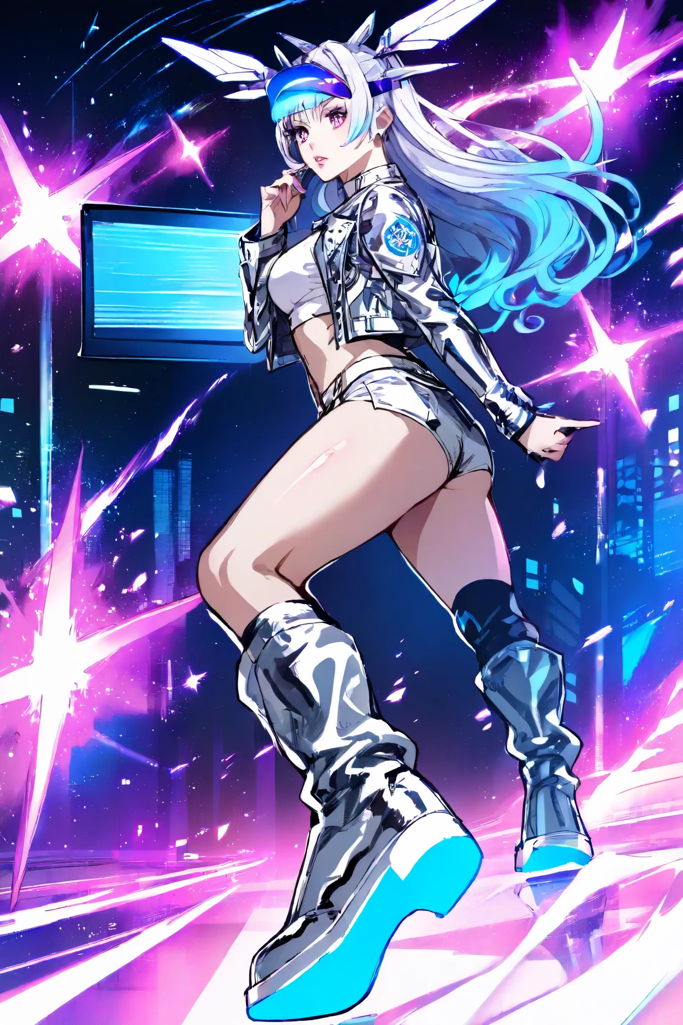 Design and Clothing

Vega is a Eurobeat diva with a look that combines 80s glamor with the futurism of nightclubs. Her main outfit is a shiny body in neon colors (blue,  pink and purple ) with details of stars and moving LED lights. on, she wears a short s...