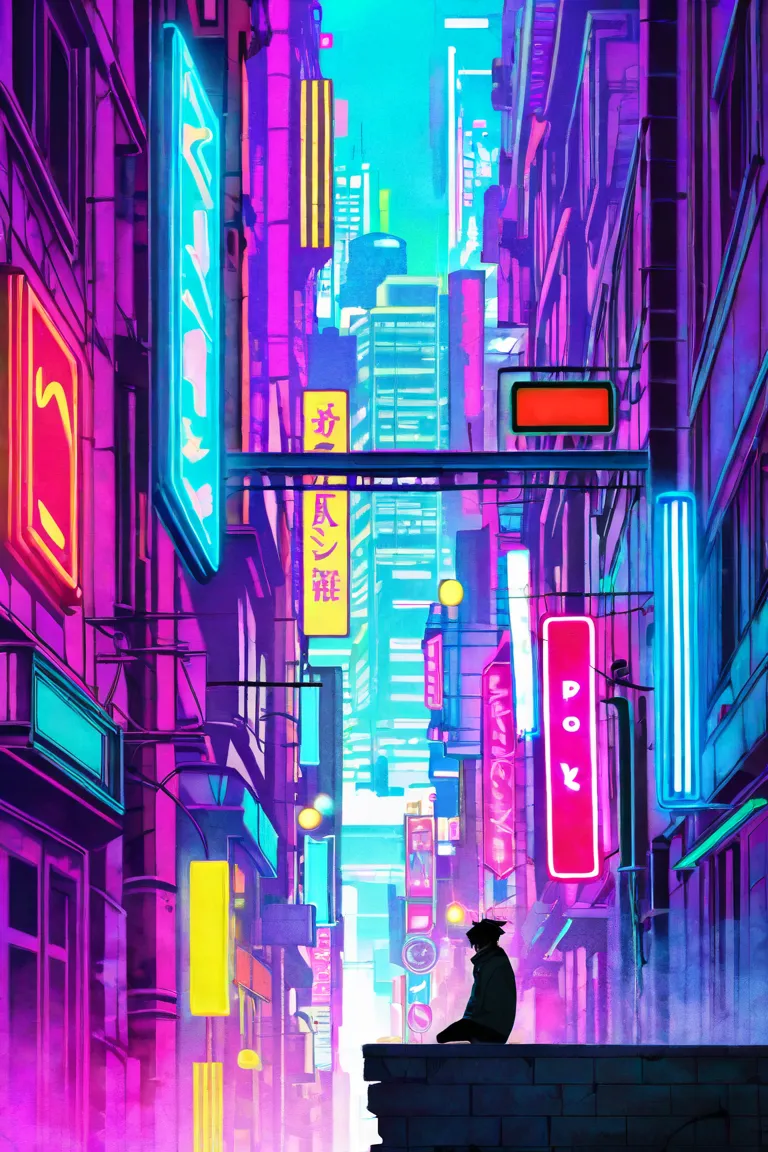 street illustration with neon signs and buildings, anime style cityscape, Neon Street, 80年代の anime atmosphere ,  アールデコアウトランAnime aesthetics ,   Japanese city pop color palette , vaporwave city,  anime atmosphere , Neon City,  LOFI ART STYLE ,  Animated Bac...