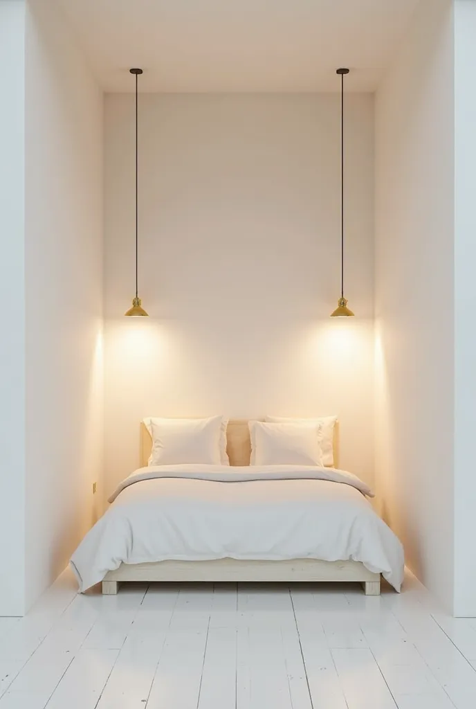 I want the image of an alcove, with a central bed seen from the front in the foreground, with two hanging lamps above the bedside tables, plain white ceiling, undecorated white walls