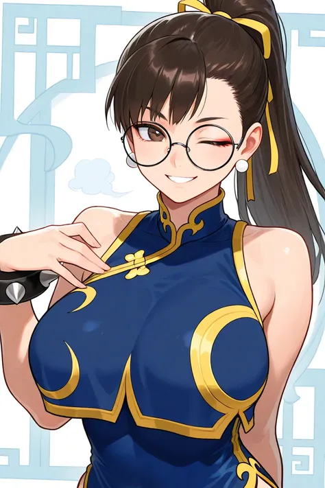 age girl, inviting, perfect breasts, with a ponytail,  tilted,   smiling, black round glasses, winking , In Chun Li's clothing, straight fringe and loose sideburns