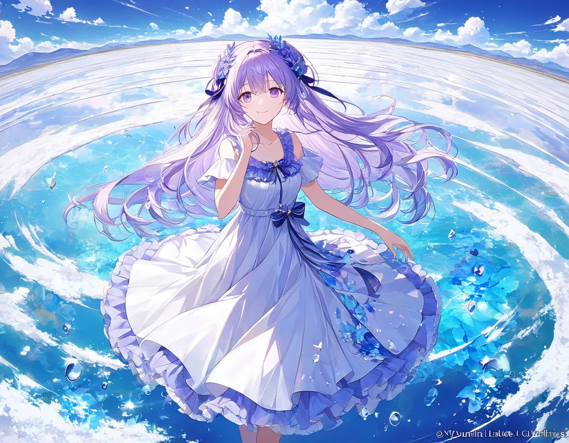 absurd, High Resolution, (Official Art, beautiful、Midea:1.2), (Short-sighted:1.15), (One Girl,  light purple hair with hair tips,  long hair purple eyes, bright eyes,   long white dress, Blue frills,:1.2) blue sky, , ( Uyuni Salt Lake:1.2), (Fractal Art:0....