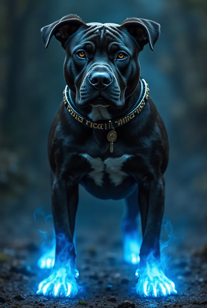 A picture of a black Pitbull with fire blue on its paws and wearing a collar written djdjjdjd